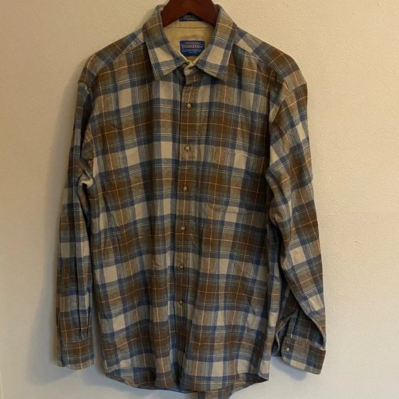 Pendleton Men Umatilla Virgin Wool Blue/Brown Stewart Muted Tartan Lodge Shirt L - Picture 3 of 11